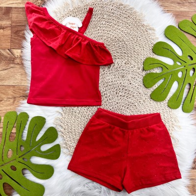 Conj. Blusa e Short em Lese Floral - Vermelho